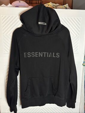 Essentials Black Pullover Hoodie with Raised Logo